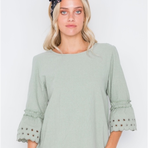 Hidden Alley Tops - 📦 MOVE OUT SALE - Embroidered Bell Sleeve Boho Top in Sage Green
